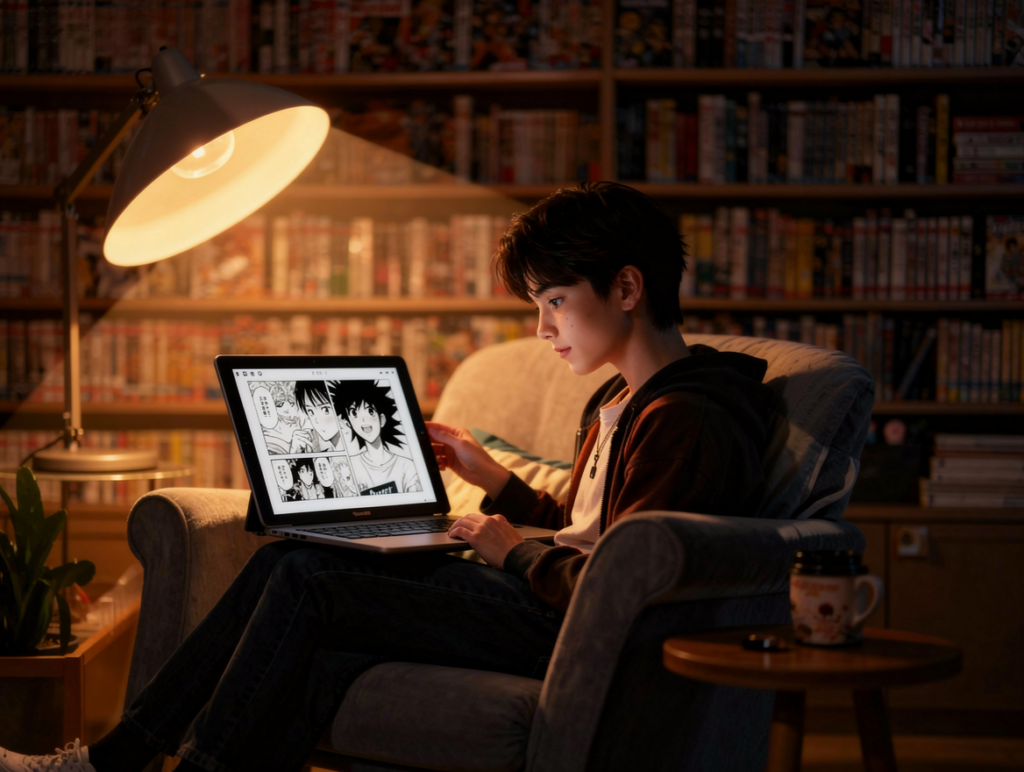 Person reading manga online on tablet with digital comic panels