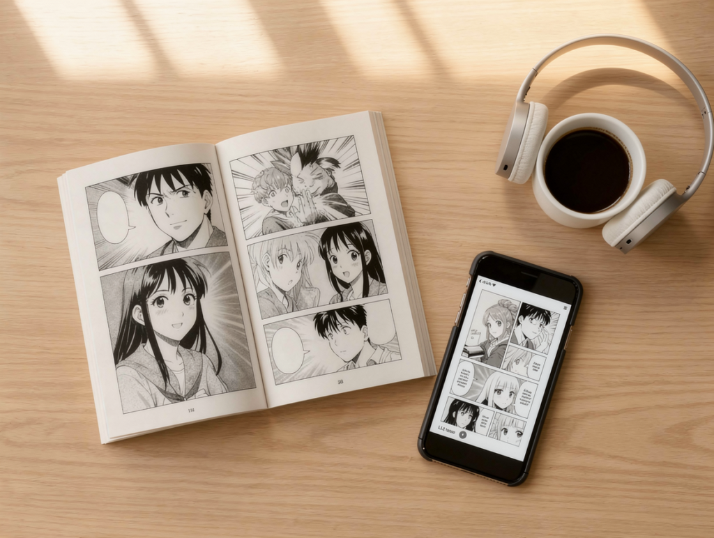 Person reading manga online on tablet with digital comic panels