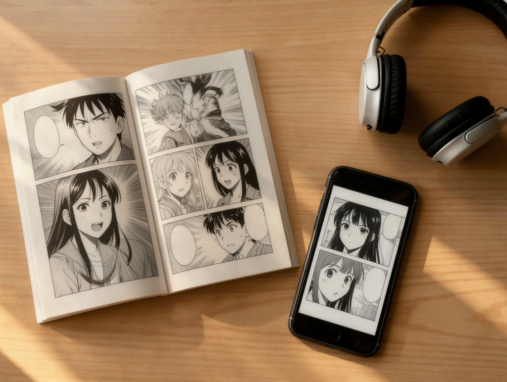Person reading manga online on tablet with digital comic panels