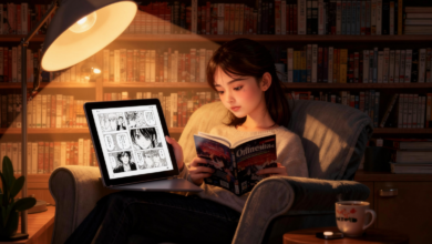 Person reading manga online on tablet with digital comic panels
