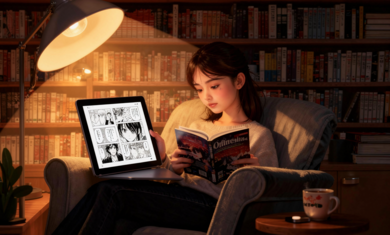Person reading manga online on tablet with digital comic panels